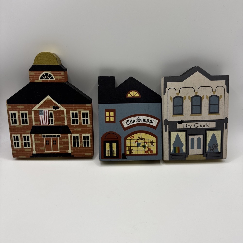 Lot 3 The Cats Meow 1985s Wood Shelf Sitter Toy Shoppe Dry Goods Store Town Hall